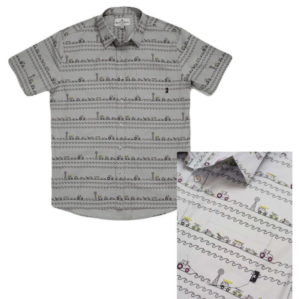 NEW Beach & Barn Mens Size Large Are We There Yet Beach Gray Button Up Shirt